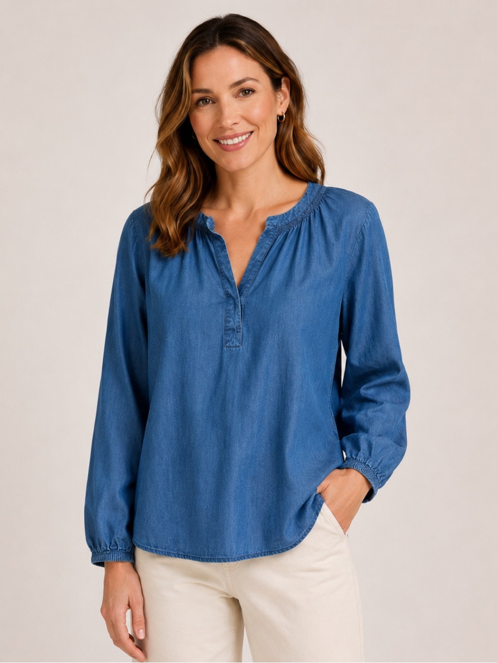 LOFT Blue Soft Denim Long Sleeve V-Neck Popover Top - Size: medium